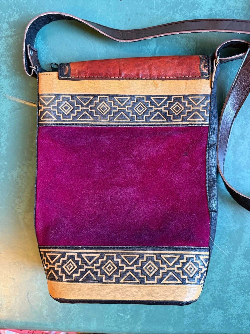Southwestern Peruvian Leather & Suede Textile Crossbody in Burgundy & Tan